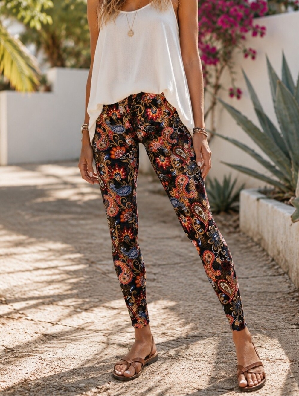 Just Cozy Multi-Color Paisley Print Leggings Boho Stretch Pull-On Pants Festival
